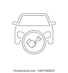 Car with hand holding wrench. Mechanic, automotive repair icon line style isolated on white background. Vector illustration