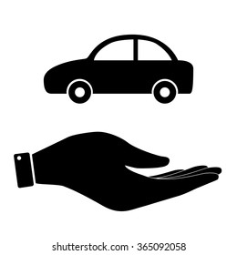 Car in hand icon, care symbol vector illustration. Flat design style