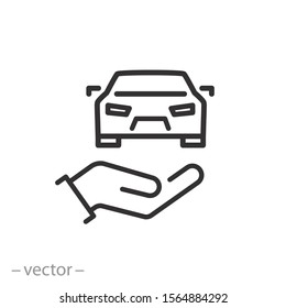 car in the hand icon, line web symbol on white background, editable stroke vector illustration