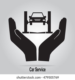 Car in hand icon. Protection or care, car service concept