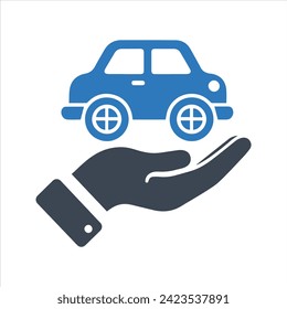 Icono de coche en mano. Icono de seguridad del automóvil