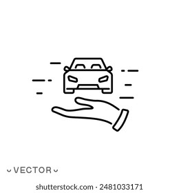 car in the hand icon, thin line symbol isolated on white background, editable stroke eps 10 vector illustration
