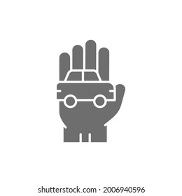 Car in hand, manual car cleaning grey icon.