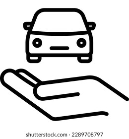 Icono de línea delgada del coche en mano: símbolo de uso compartido de coches, servicio, seguro. Ilustración vectorial moderna.