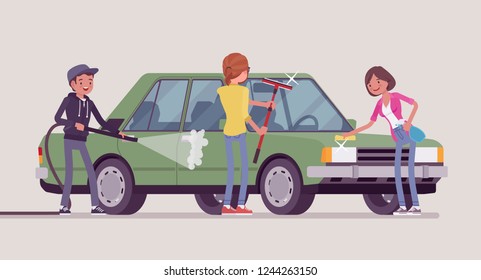 Car Hand Wash Self-service Facilities, Young People. Volunteers Or Family Clean, Wash, Polish Together Vehicle Exterior With Tools At Automobile Service Station. Vector Flat Style Cartoon Illustration