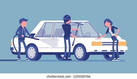 Car hand wash self-service facilities, young people. Volunteers or family clean, polish together vehicle exterior with tools at automobile service station. Vector illustration, faceless characters