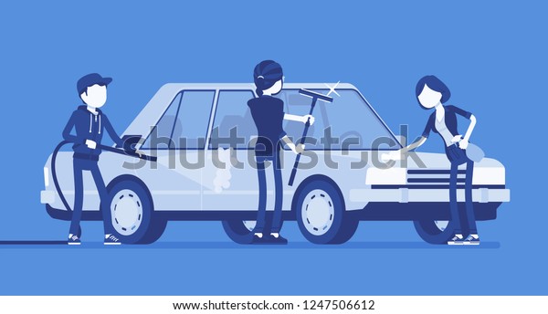 Car hand wash self-service facilities, young\
people. Volunteers or family clean, polish together vehicle\
exterior with tools at automobile service station. Vector\
illustration, faceless\
characters