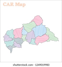 CAR hand-drawn map. Colourful sketchy country outline. Creative CAR map with provinces. Vector illustration.