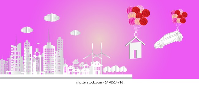 A car hanging with a balloon in the sky, concept of asset management as money for business circulation. Vector art and illustration.