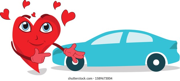 car happy funny character love heart presenting motor car pointing