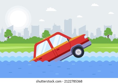 The car has fallen into the river and is sinking. flat vector illustration.