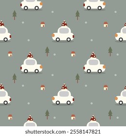 Car and hat cartoon so cute. On tree house snow green background. Pattern seamless vector illustration. 
