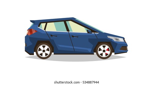 Car hatchback. Side view. Transport for travel. Gas engine. Alloy wheels. Vector illustration. Flat style 