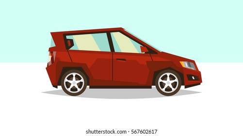 Car hatchback. Side view. Transport for travel. Gas engine. Alloy wheels. Vector illustration. Flat style 
