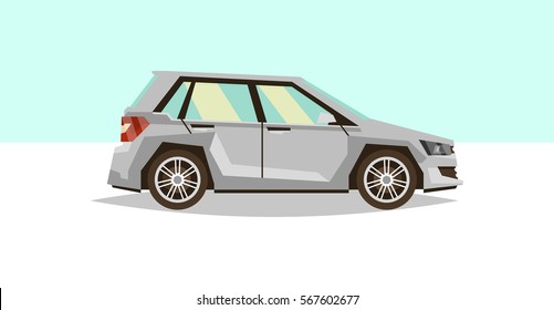 Car hatchback. Side view. Transport for travel. Gas engine. Alloy wheels. Vector illustration. Flat style 