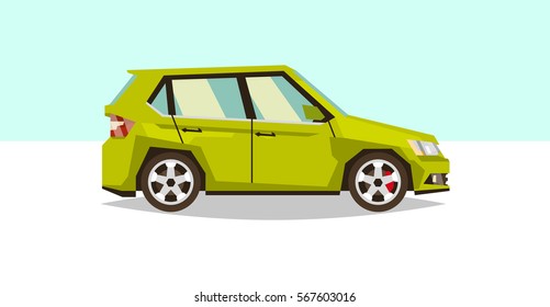 Car hatchback. Side view. Transport for travel. Gas engine. Alloy wheels. Vector illustration. Flat style 