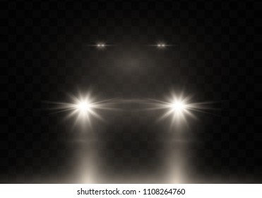 Car head lights shining from darkness background.Vector silhouette of car with headlights on black background.