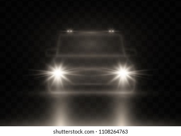 Car head lights shining from darkness background.Vector silhouette of car with headlights on black background.