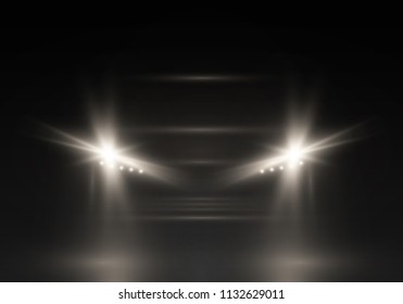 Car head lights shining from darkness background.Vector silhouette of car with headlights on black background.