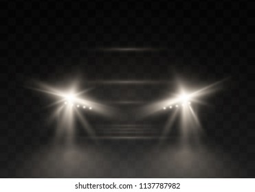 Car head lights shining from darkness background.Vector silhouette of car with headlights on black background.