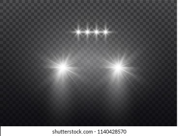 Car head lights shining from darkness background.Vector silhouette of car with headlights on black background. Easy light flash .Vector illustration.