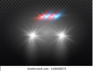 Car head lights shining from darkness background.Vector silhouette of car with headlights on black background. Easy light flash .Vector illustration.