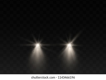 Car head lights shining from darkness background.Vector silhouette of car with headlights on black background.