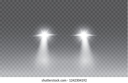 Car head lights shining from darkness background.Vector silhouette of car with headlights on black background. Easy light flash .Vector illustration.