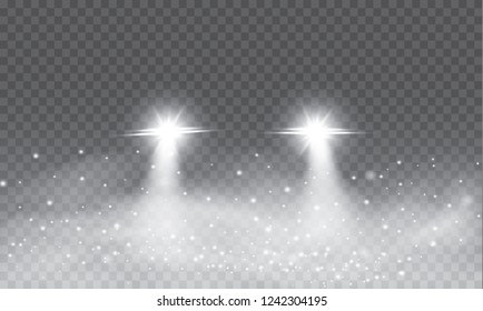 Car head lights shining from darkness background.Vector silhouette of car with headlights on black background. Easy light flash .Vector illustration.