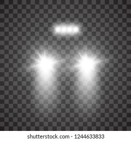 Car head lights shining from darkness background.Vector silhouette of car with headlights on black background. Easy light flash .Vector illustration.