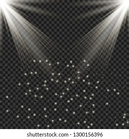 Car head lights shining from darkness background.Vector silhouette of car with headlights on black background. Easy light flash .Vector illustration. 