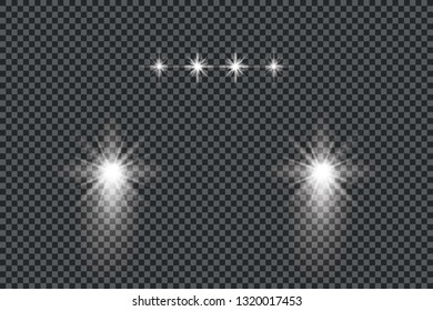 Car head lights shining from darkness background.Vector silhouette of car with headlights on black background. Easy light flash .Vector illustration. 