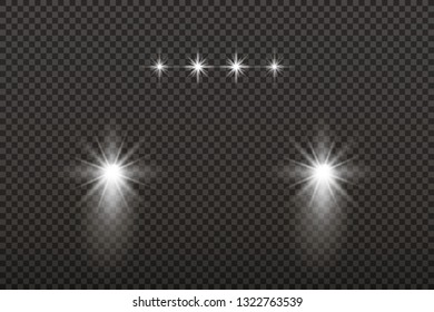 Car head lights shining from darkness background.Vector silhouette of car with headlights on black background. Easy light flash .Vector illustration.