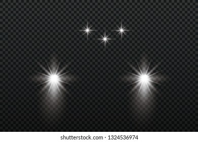 Car head lights shining from darkness background.Vector silhouette of car with headlights on black background. Easy light flash .Vector illustration.