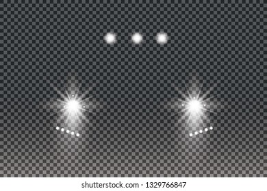 Car head lights shining from darkness background.Vector silhouette of car with headlights on black background. Easy light flash .Vector illustration. 