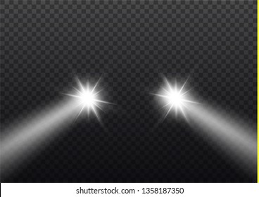 Car head lights shining from darkness background.Vector silhouette of car with headlights on black background. Easy light flash .Vector illustration.