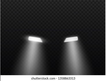 Car head lights shining from darkness background.Vector silhouette of car with headlights on black background. Easy light flash .Vector illustration.