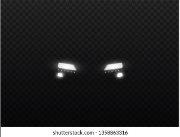 Car head lights shining from darkness background.Vector silhouette of car with headlights on black background. Easy light flash .Vector illustration.