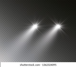 Car head lights shining from darkness background.Vector silhouette of car with headlights on black background. Easy light flash .Vector illustration.