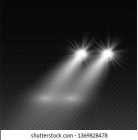 Car head lights shining from darkness background.Vector silhouette of car with headlights on black background. Easy light flash .Vector illustration.