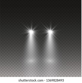 Car head lights shining from darkness background.Vector silhouette of car with headlights on black background. Easy light flash .Vector illustration.