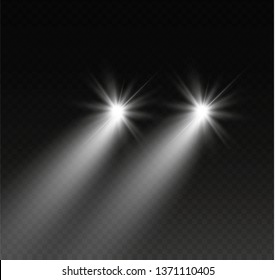 Car head lights shining from darkness background.Vector silhouette of car with headlights on black background. Easy light flash .Vector illustration.