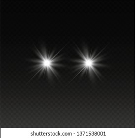 Car head lights shining from darkness background.Vector silhouette of car with headlights on black background. Easy light flash .Vector illustration.