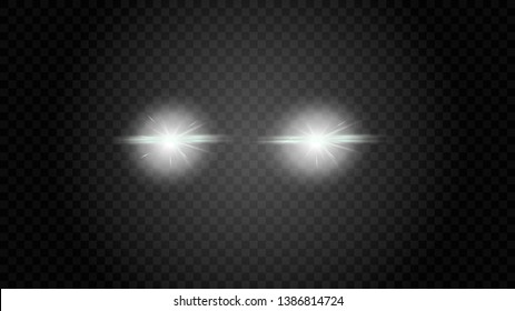 Car head lights shining from darkness background.Vector silhouette of car with headlights on black background. Easy light flash .Vector illustration.