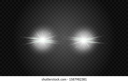 Car head lights shining from darkness background.Vector silhouette of car with headlights on black background. Easy light flash .Vector illustration