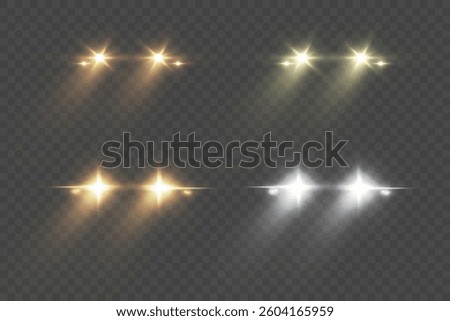 Car head lights shining from darkness background.Vector silhouette of car with headlights on black background. Easy light flash .Vector illustration.