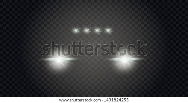 Car head lights shining from darkness
background.Vector silhouette of car with headlights on black
background. Easy light flash .Vector
illustration.