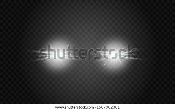 Car head lights shining from darkness\
background.Vector silhouette of car with headlights on black\
background. Easy light flash .Vector\
illustration