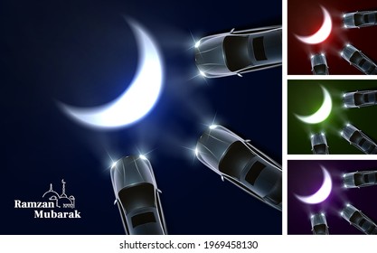 Car Headlight Creating Eid Moon Shape With 4 Background Option Vector