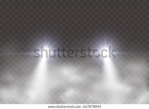 Car headlight effect in fog isolated on\
transparent background. Realistic white glow round transport\
headlights in smoke. Vector bright car lights with mist at night\
for your design.\
